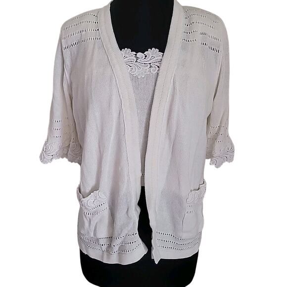 VTG Romantic Cottagecore Knit Crochet Ivory Cardigan + Crop Blouse M EUC - Picture 1 of 12